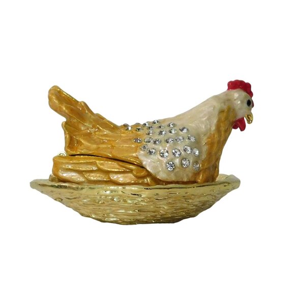 Hen with Eggs Hinged Box Bedazzled Gold Red White Silver Jeweled Collection - Picture 6 of 10